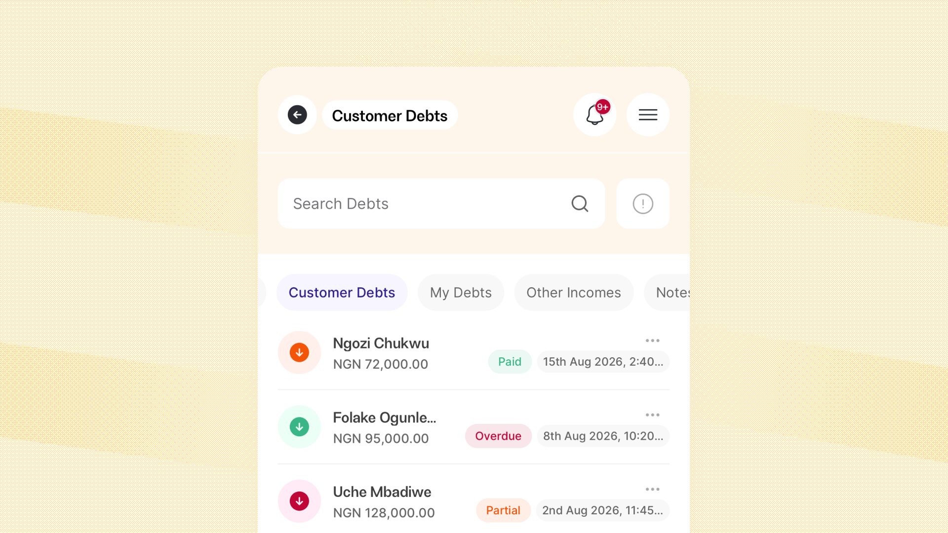 Customer debt page - Money Tracker